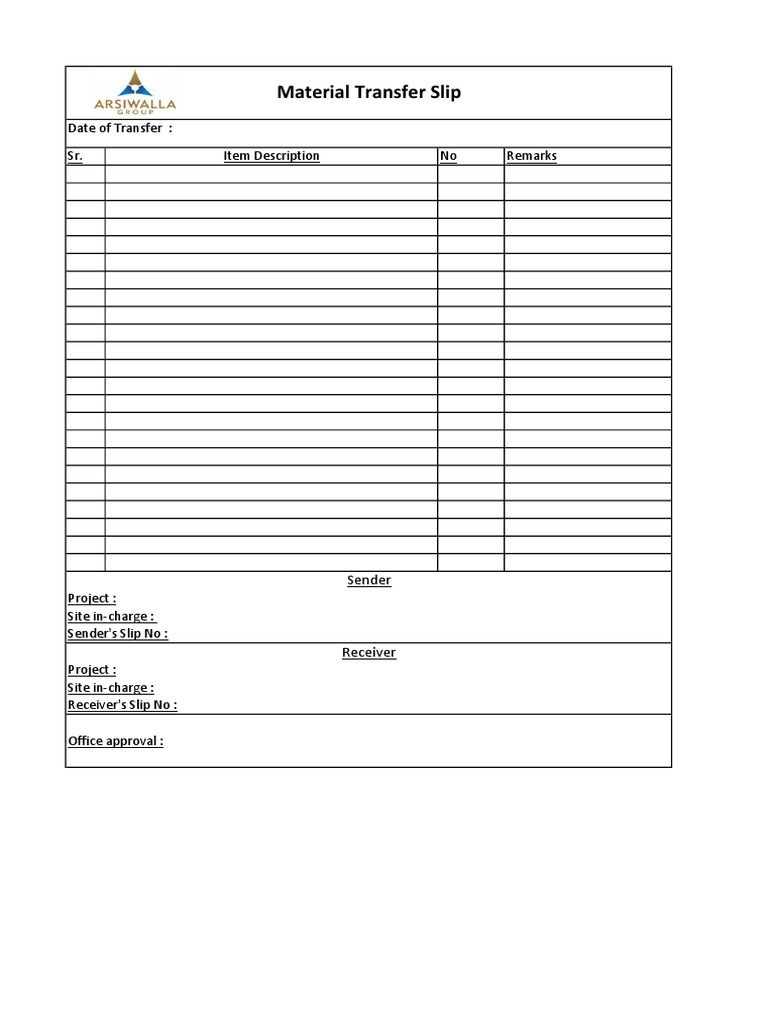 Material Transfer Slip Template | PDF