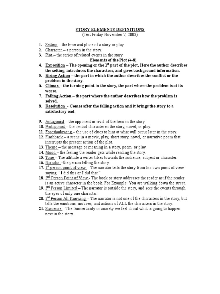 Story Elements Definitions | PDF