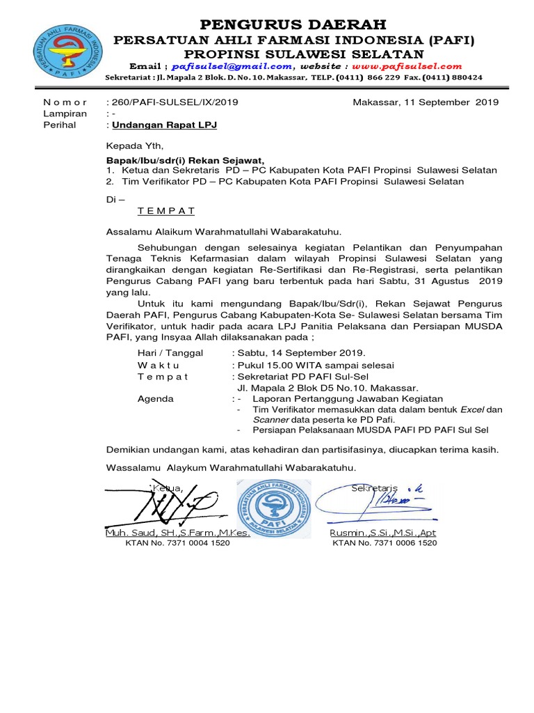 Surat Undangan Pertemuan Pafi September 2019