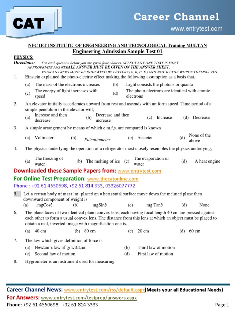 Engineering Admission Sample Test | PDF | Solution | Mole (Unit)