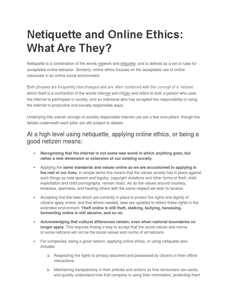 Netiquette and Online Ethics Etiquette Value (Ethics)