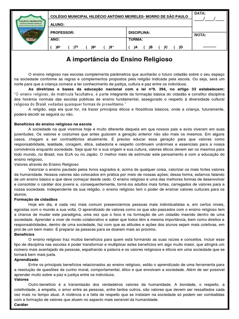 Importância do Ensino Religioso na Educação | PDF | Humano | Aprendizado