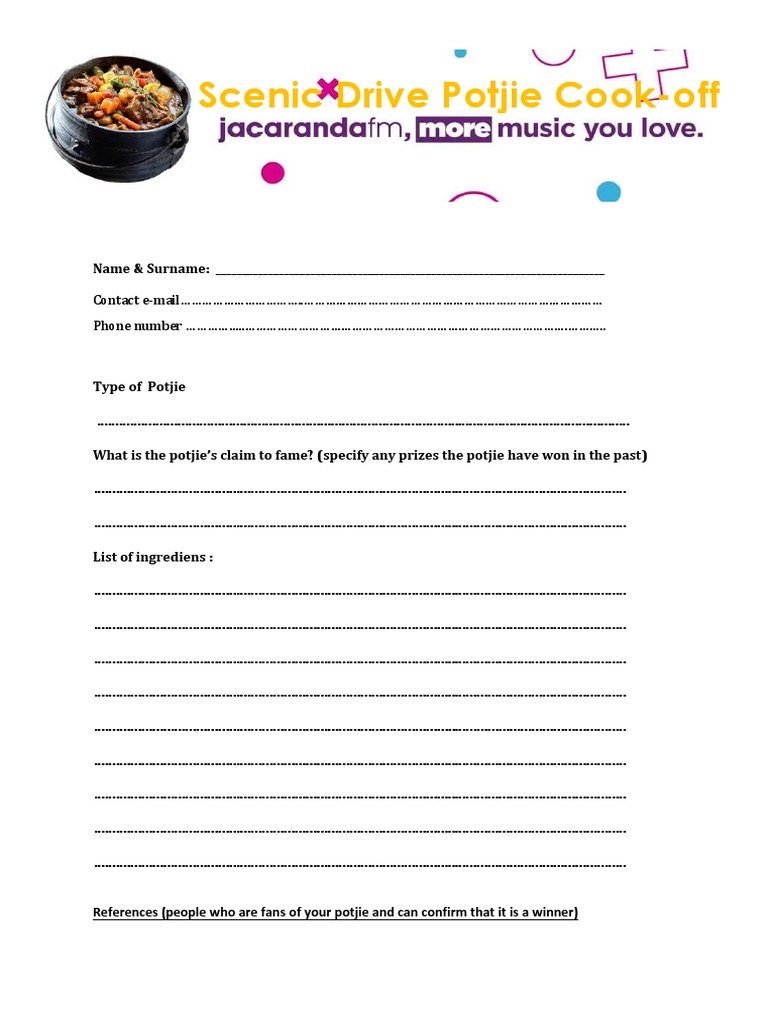 Scenic Drive Potjie Cook Off ENTRY FORM | PDF | Eating Behaviors Of ...