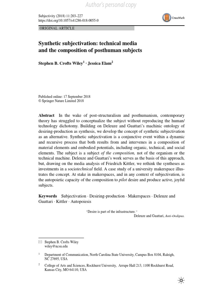 Wiley Elam 2018 Synthetic Subjectivation Pdf Philosophical