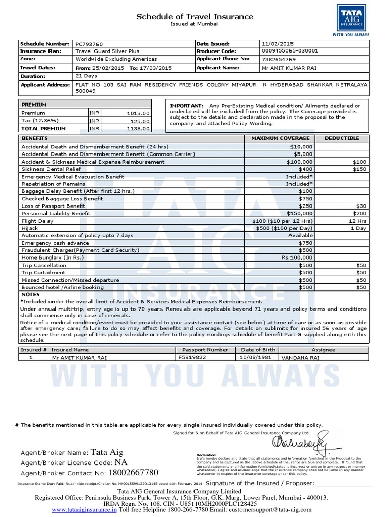Aig Insurance Sample Amit Raipdf Pdf Deductible Insurance