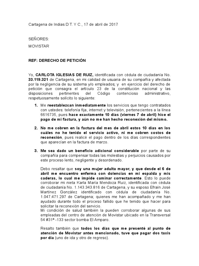 Derecho De Peticion Para Movistar Peticion Internet