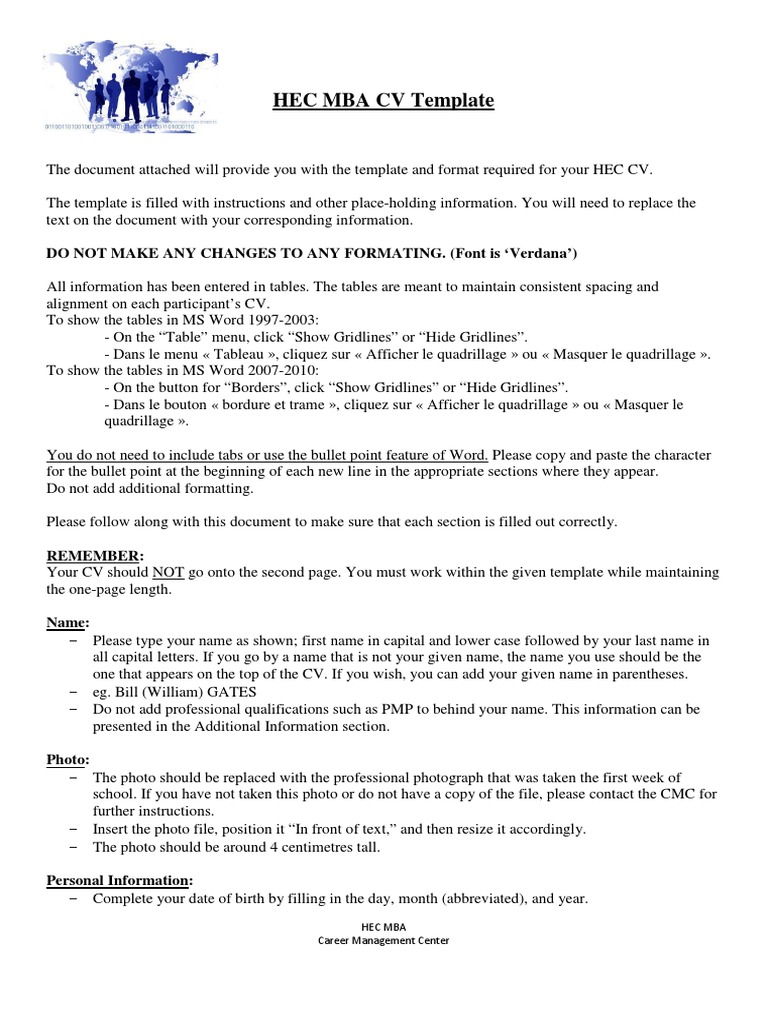 HEC MBA CV Template: Do Not Make Any Changes To Any Formating. (Font Is ...