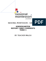 Nasional Montessori - Gandaria: Kindergarten Report Card Comments Term 1