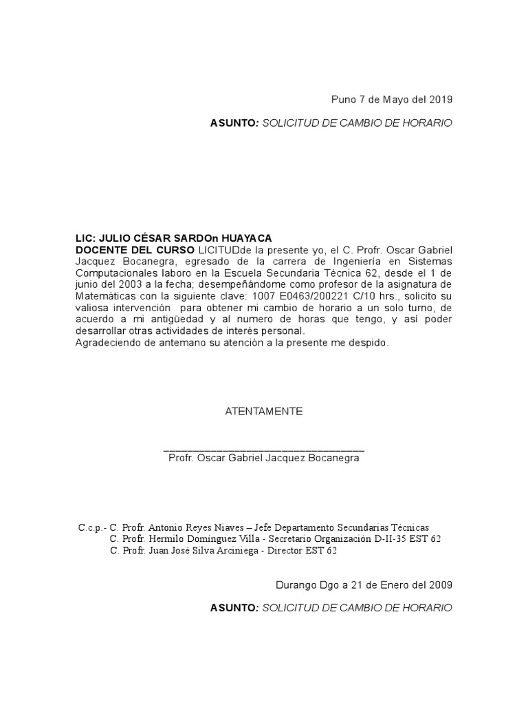 Asunto Solicitud De Cambio De Horario Educación Secundaria