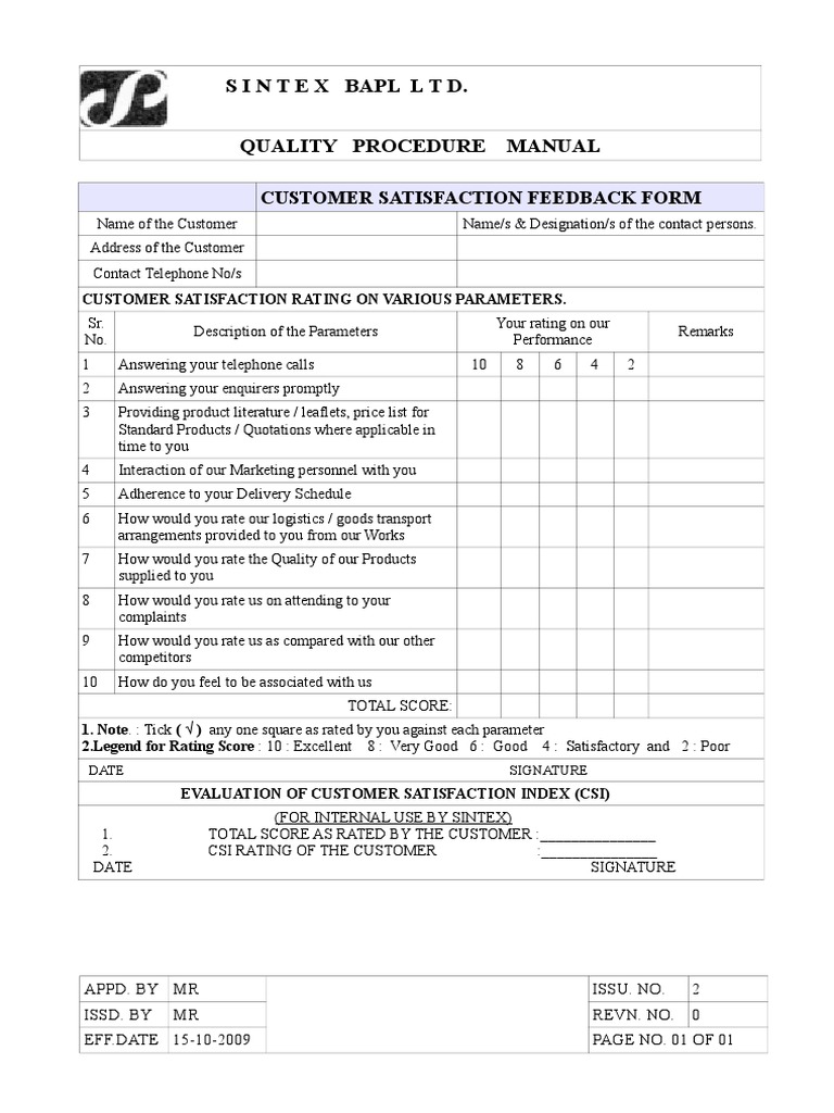 Sintex Bapl LTD Quality Procedure Manual: Customer Satisfaction ...