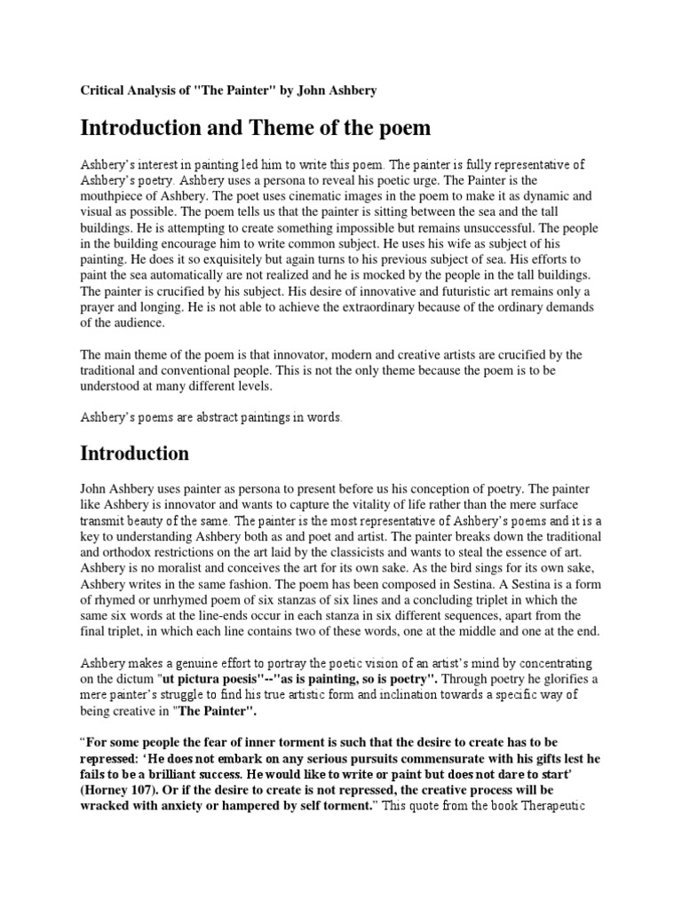 Critical Analysis of Painter by John Ashbery PDF Poetry Paintings