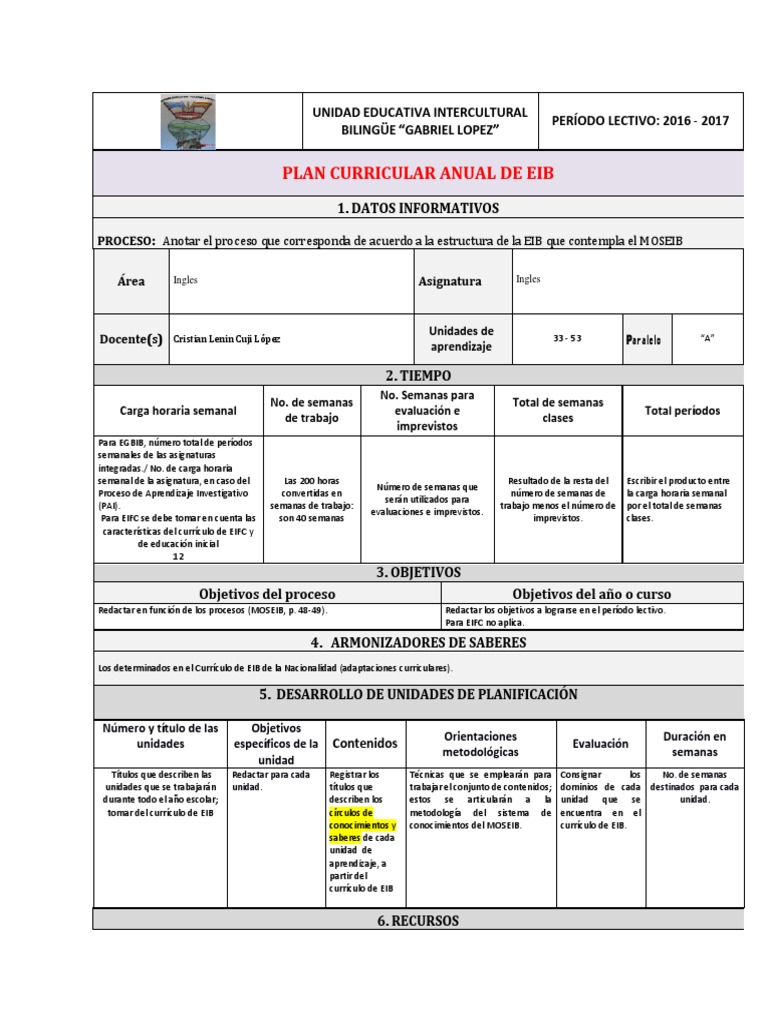 Planificación Curricular Anual EIB 2025 | PDF | Plan de estudios ...