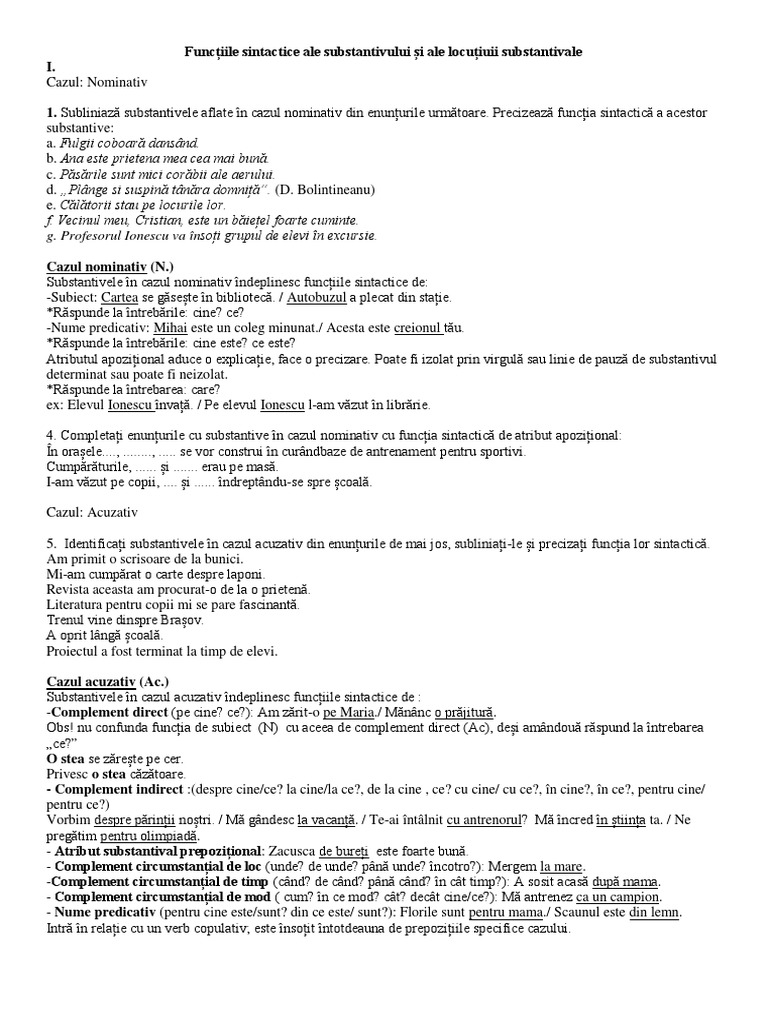 Funcții Sintactice Substantiv A 7a | PDF