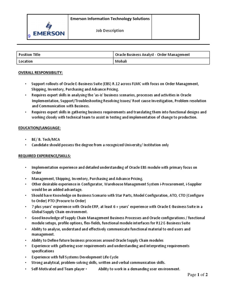 Emerson Information Technology Solutions Job Description PDF