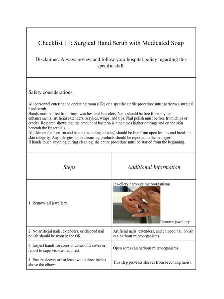 Checklist 11 Surgical Hand Scrub with Medicated Soap Surgery Hand