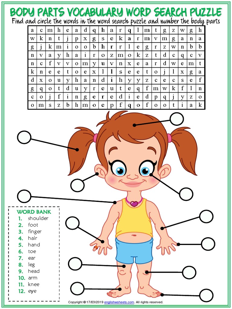 Body Parts Vocabulary Esl Word Search Puzzle Worksheet For Kids | PDF ...