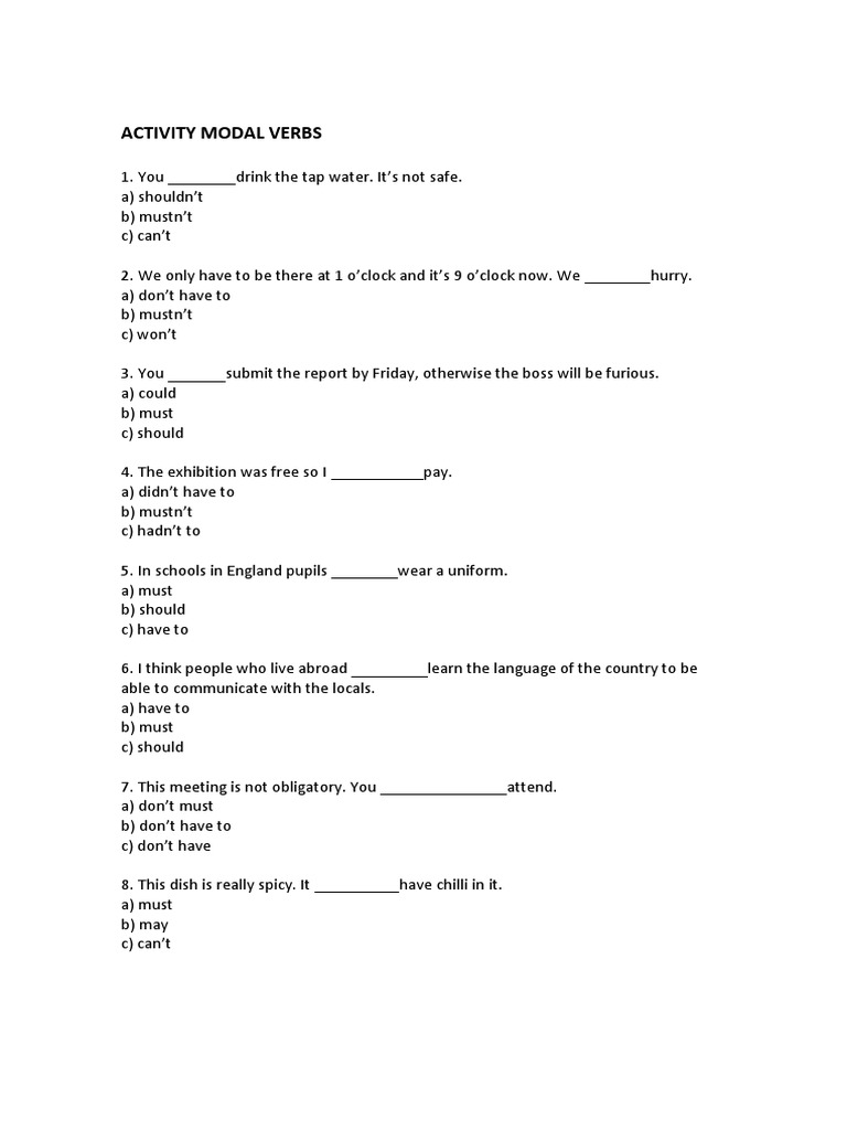 Exercise Grammar Unit 7 Modal Verbs