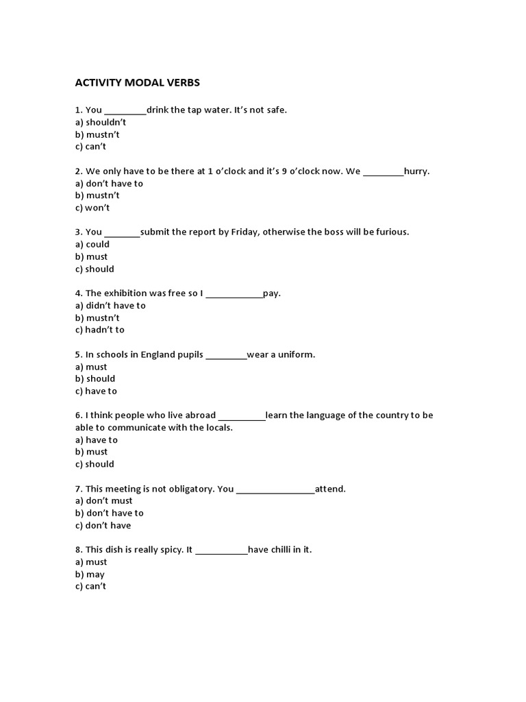 Exercise Grammar Unit 7 Modal Verbs Pdf