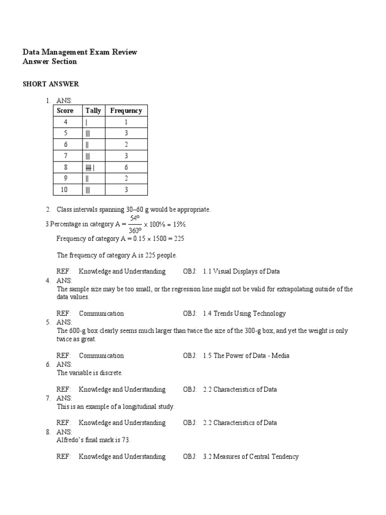 Data Management Exam Review Answers | PDF | Median | Statistical Analysis