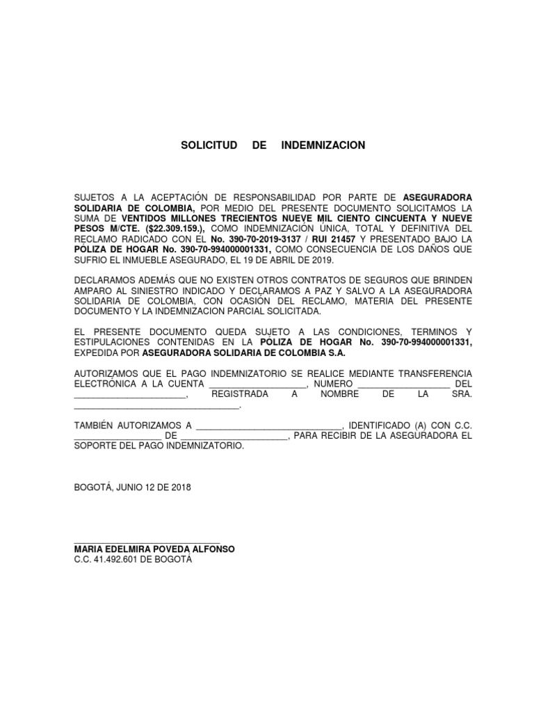Solicitud de Indemnizacion - Edelmira Poveda | PDF