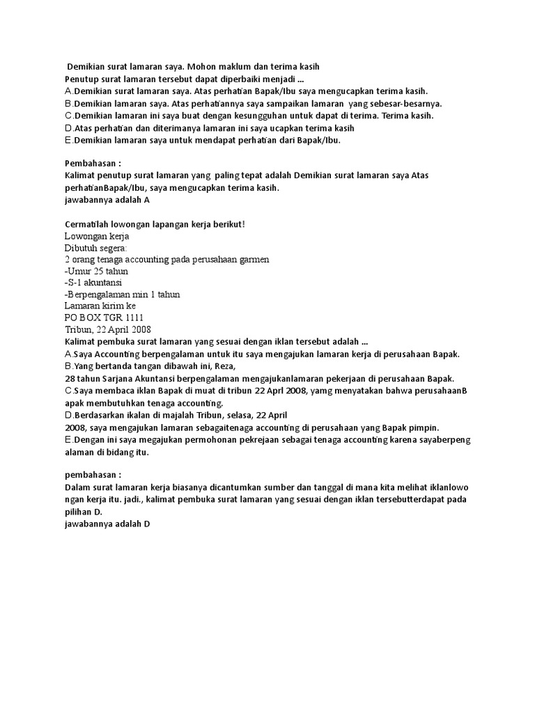 Soal Dan Pembahasan Tentang Surat Lamaran Pekerjaan