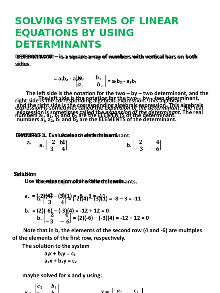 Solving Systems of Linear Equations by Using Determinants | Download ...