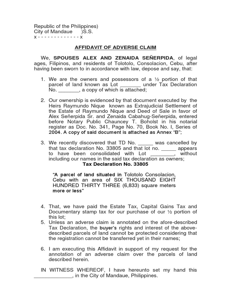 Affidavit of Adverse Claim | PDF