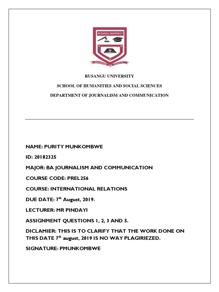Rusangu University School of Humanities and Social Sciences Department