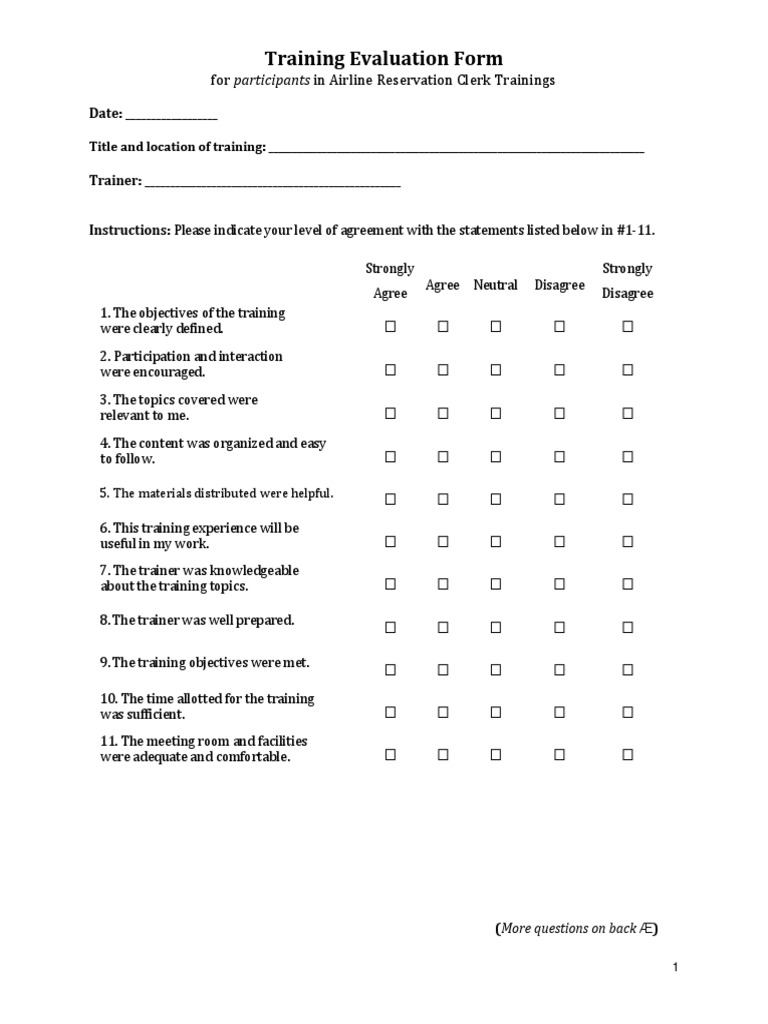 Sample Training Evaluation Form Pdf Cognition Learning