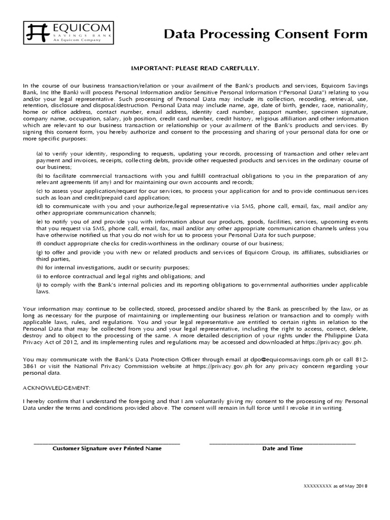 Equicom Data Processing Consent Form | PDF | Personally Identifiable ...