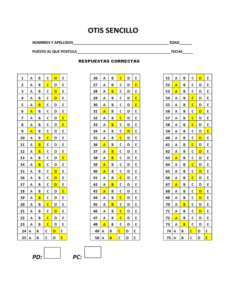 Respuestas Prueba OTIS Sencillo | PDF | Ajedrez | Juegos y actividades