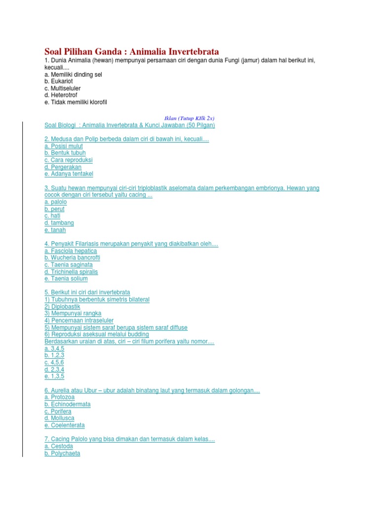 Soal Pilihan Ganda Animalia