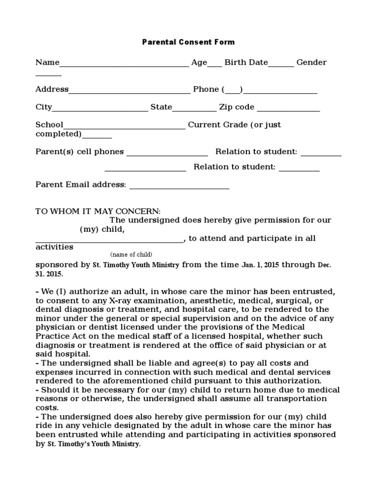 Parental Consent Form Template 06 | PDF | Parent | Relationships