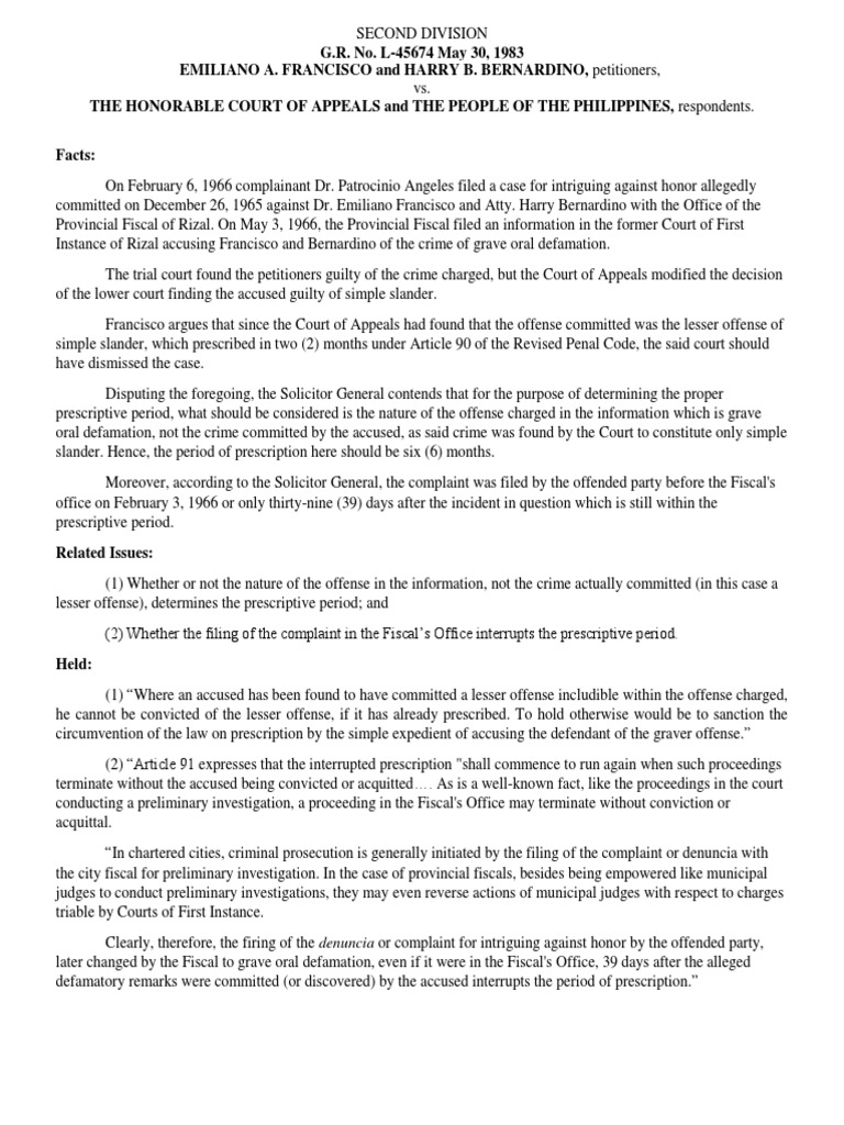 Francisco Vs CA PDF Defamation Statute Of Limitations