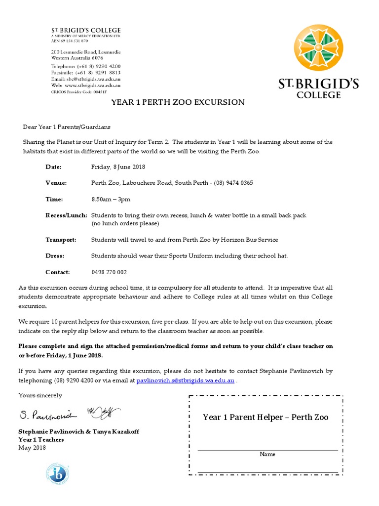 Year 1 Perth Zoo Excursion Permission | PDF | Learning