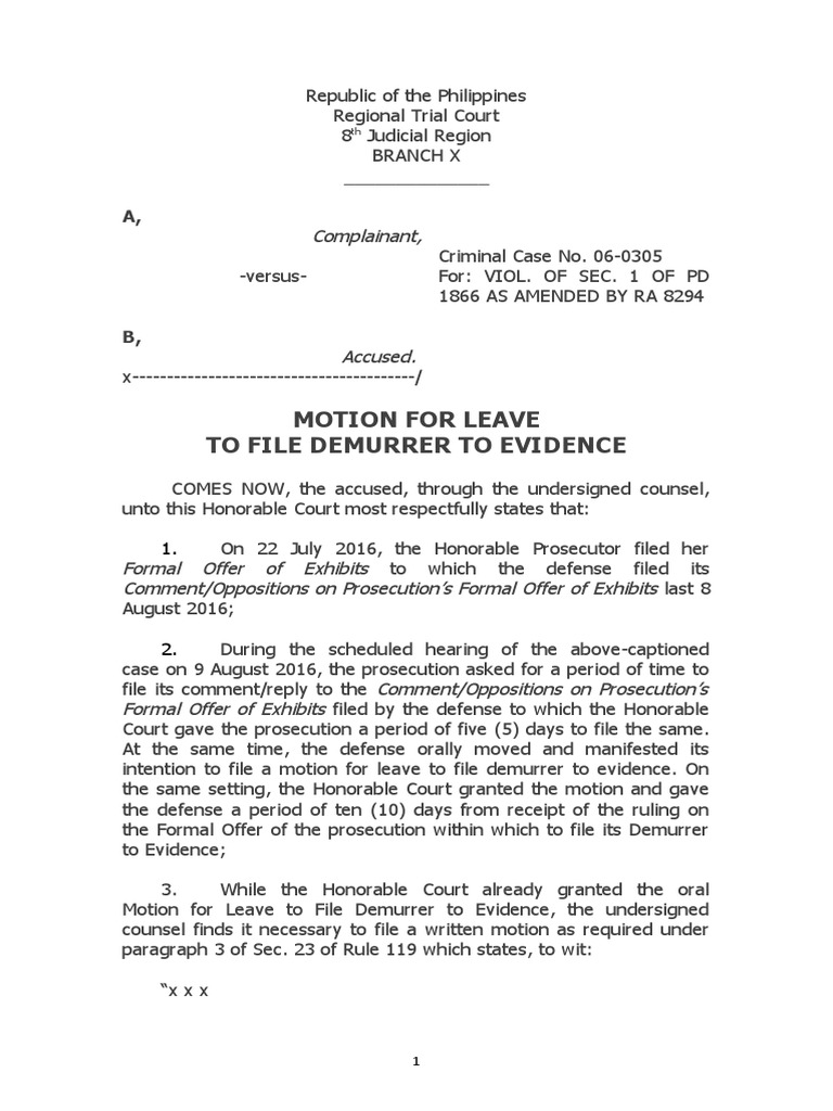 Motion for Leave to File Demurrer | PDF | Demurrer | Prosecutor