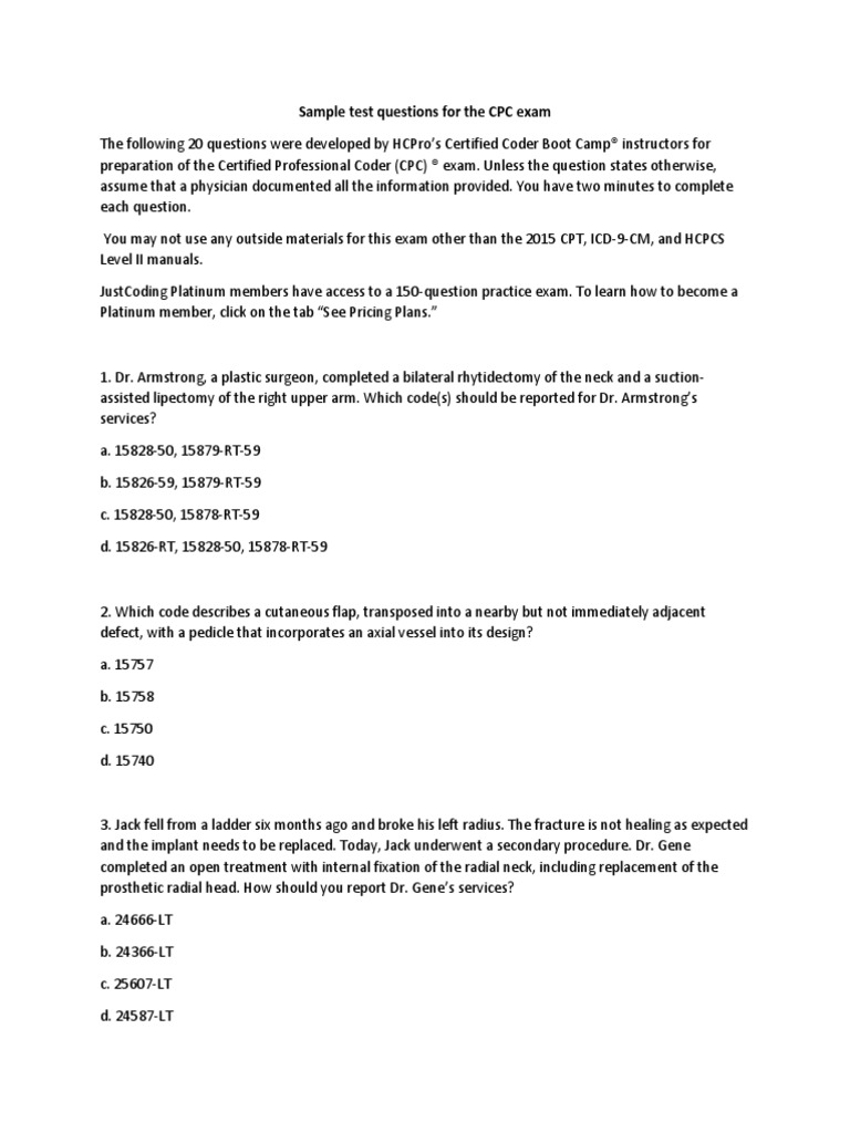 Sample Test Questions For The CPC Exam | PDF | Diseases And Disorders ...