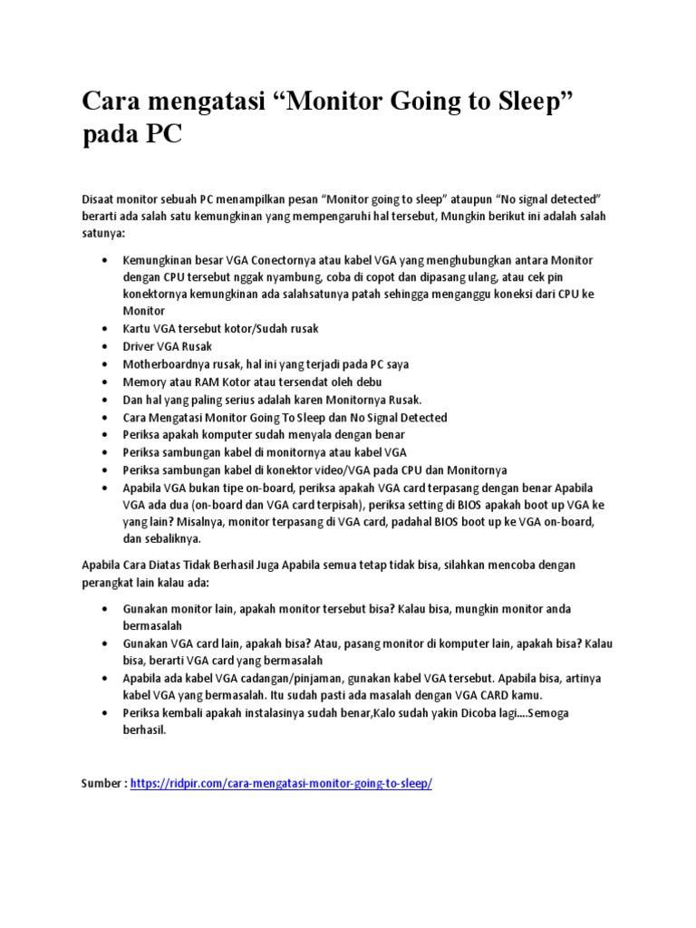 Cara Mengatasi "Monitor Going To Sleep" Pada PC PDF