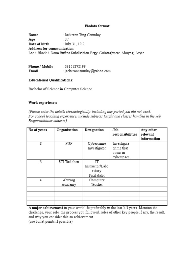 Biodata Format Final | PDF | Games & Activities | Computers