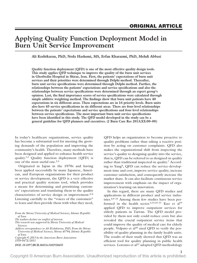 Applying Quality Function Deployment Model in Burn Unit Service