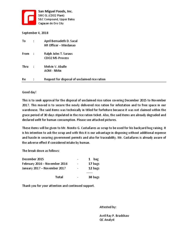 Rice Ration Disposal Memo