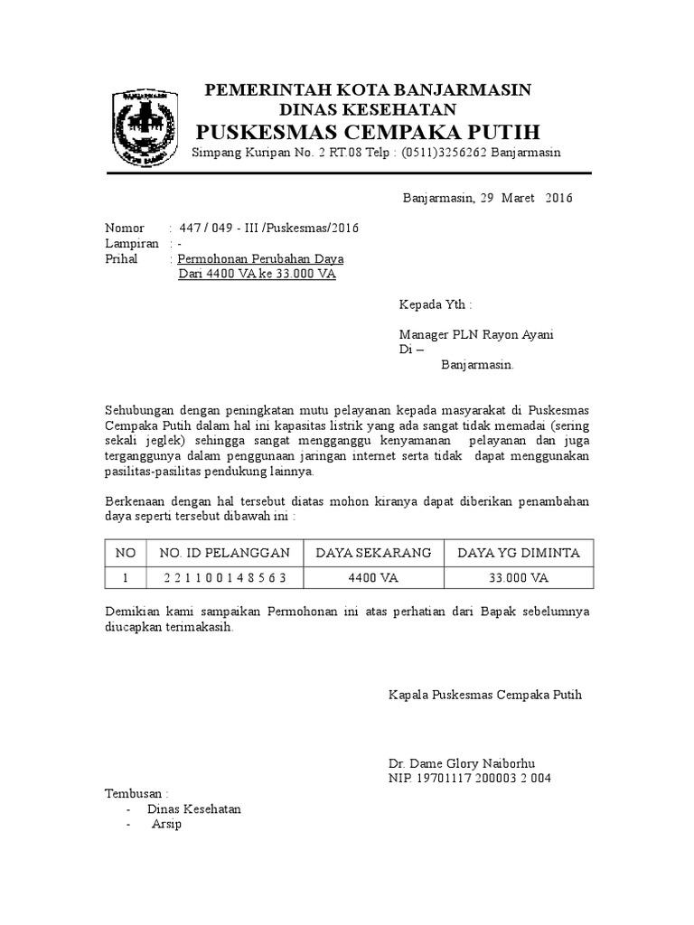 Contoh Surat Penambahan Daya Listrik Ke Pln