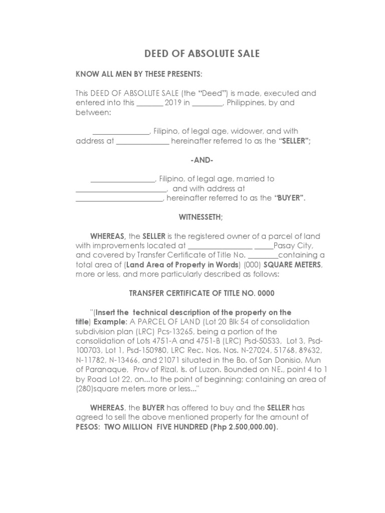 DEED OF ABSOLUTE SALE - Draft | PDF | Conveyancing | Taxes