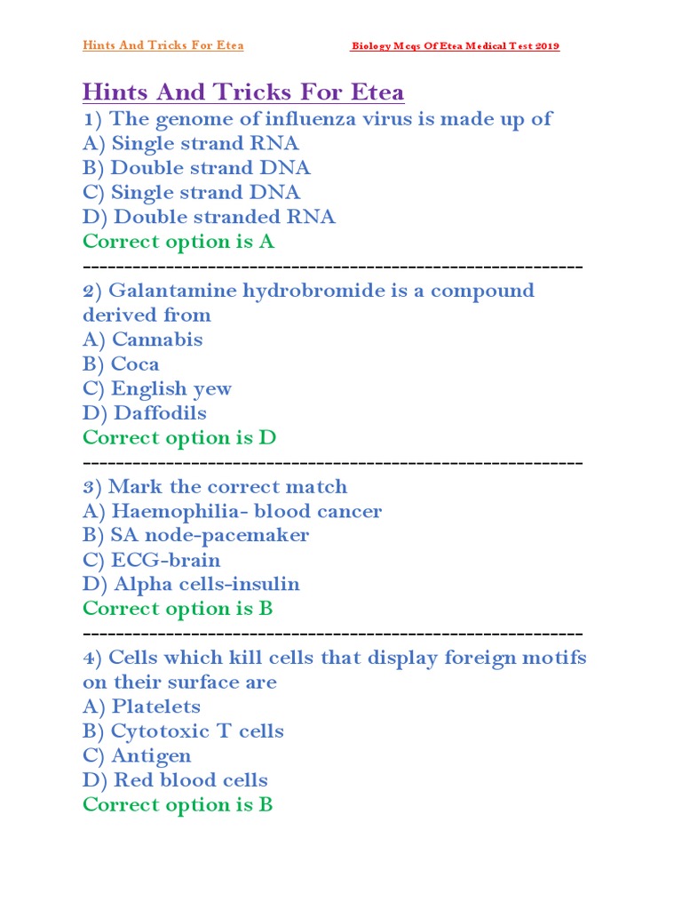 Biology Portion of Etea Medical Test 2019 PDF Cell (Biology) Anatomy
