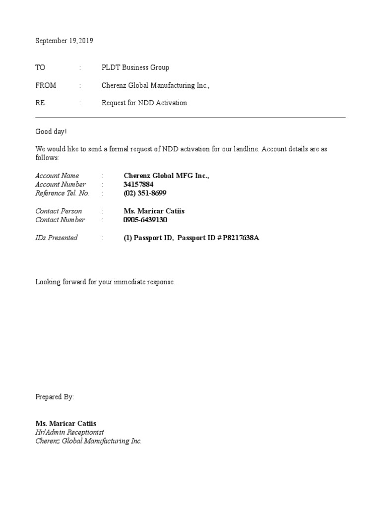 NDD Activation Request for Cherenz Global | PDF | Business