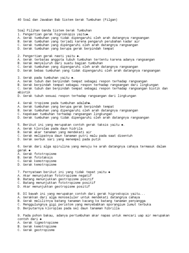 Soal Pilihan Ganda Tentang Sistem Gerak Pada Tumbuhan