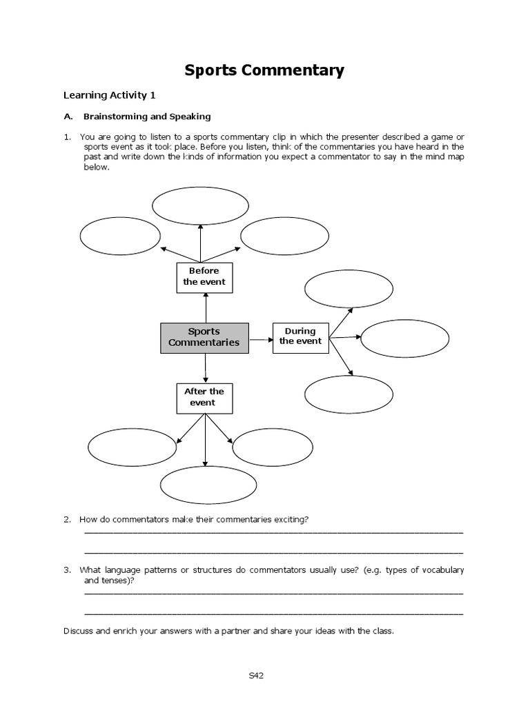 Sports Commentary Learning Activity 1 PDF Sports Vocabulary