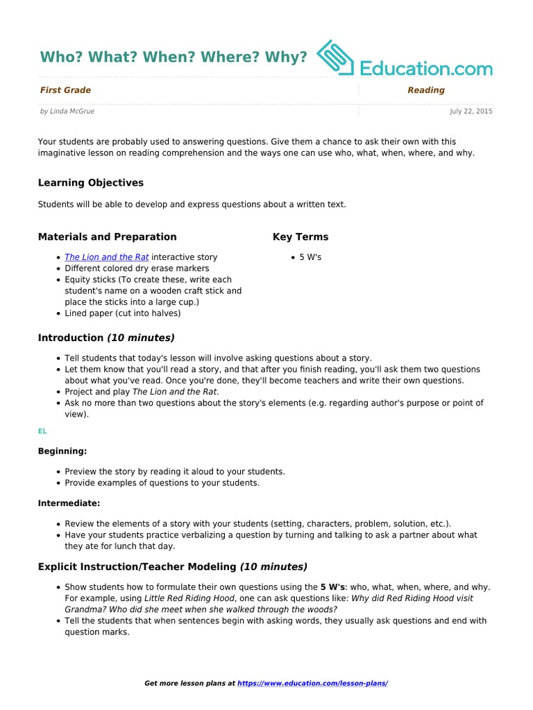 Who? What? When? Where? Why?: Learning Objectives | PDF | Question ...