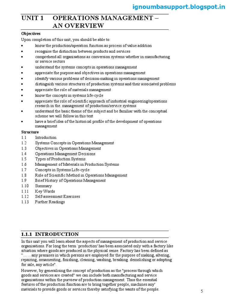 Unit 1 Operations Management - An Overview: Objectives | PDF ...