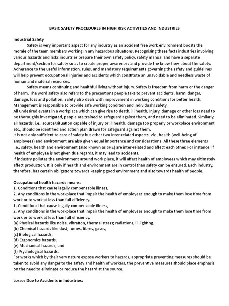 Basic Safety Procedures In High Risk Activities And Industries